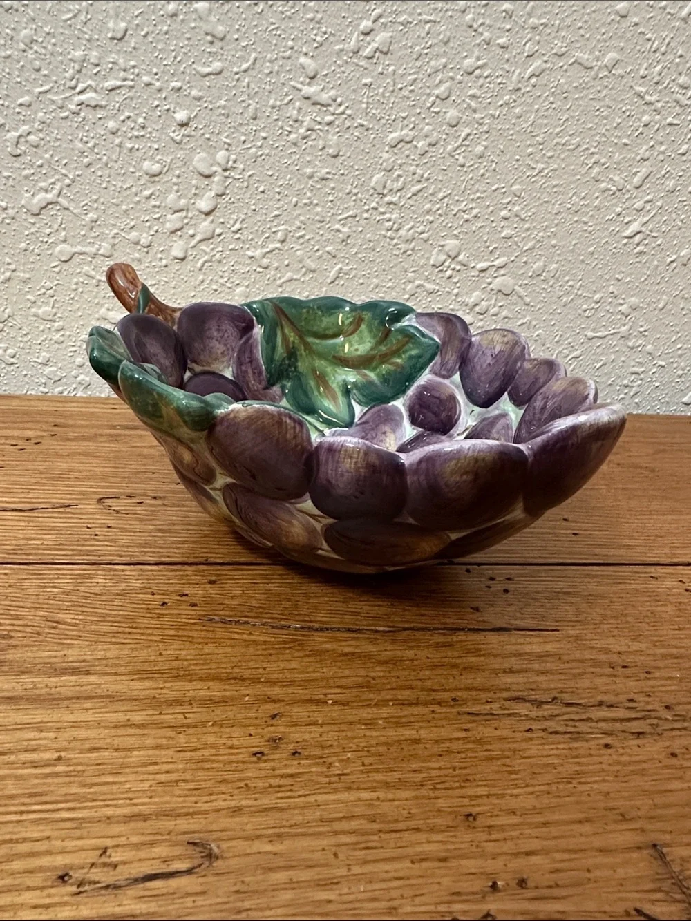 Hand-Painted Grape Leaf Ceramic Bowl - Purple and Green